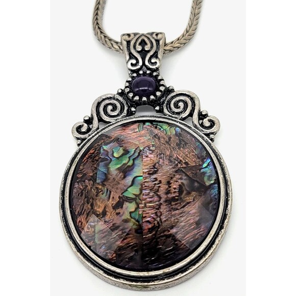 Kenneth Cole Abalone Shell Necklace Earrings Set Silver Tone Metal Swirl Ornate - Picture 3 of 17